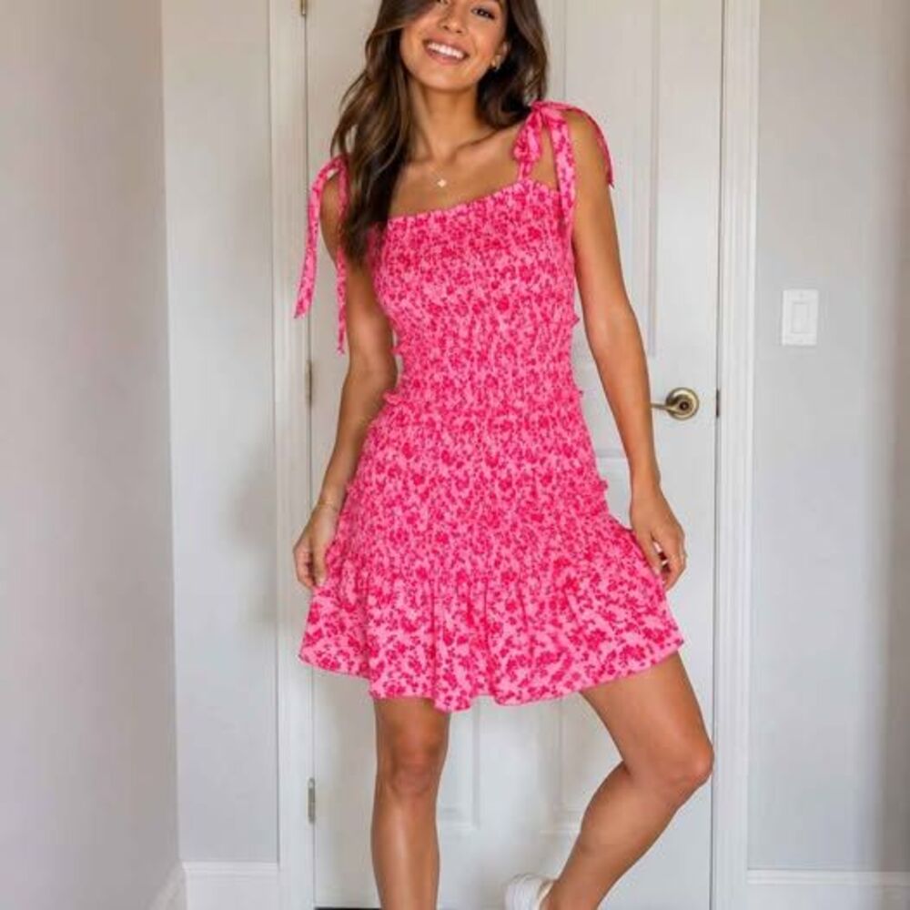 Pink Floral Smocked Mini Dress Women’s – New Without Tags – Tie Straps